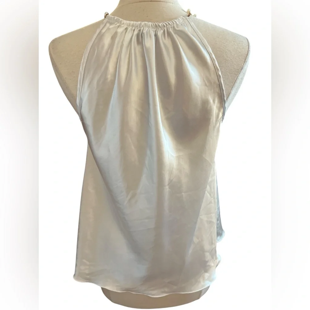 Nicole Miller white satin halter top, gold pearl-beaded necklace-style strap M - Picture 4 of 10
